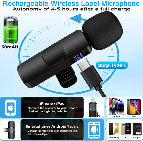 Wireless Lavalier Microphone for Iphone/Android/Ipad/Laptop, Mini Microphone, Microphone for Type-C Phone, Wireless Microphones, Microphone for Video Recording, Youtube, Vlog, Tiktok, Interview